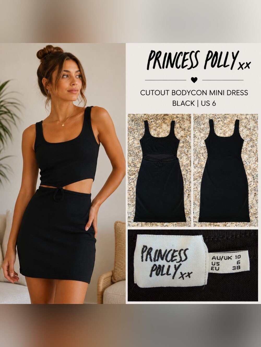Princess Polly Black Cutout Bodycon Mini Dress Size 6